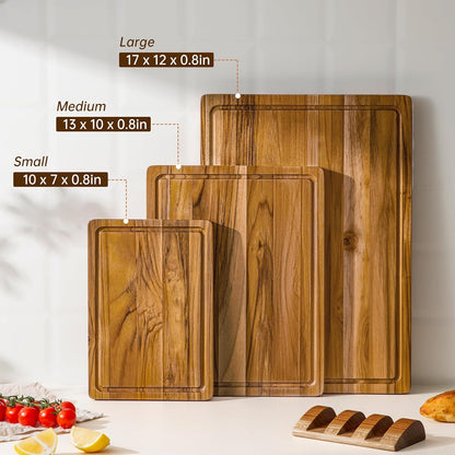 THETCHRY Teak Wood Cutting Boards for Kitchen, Wooden Cutting Board with Handles, Wooden Chopping Board with Juice Groove, Charcuterie Butcher Block for Meal Prep & Serving, 12.9" x 9.8"