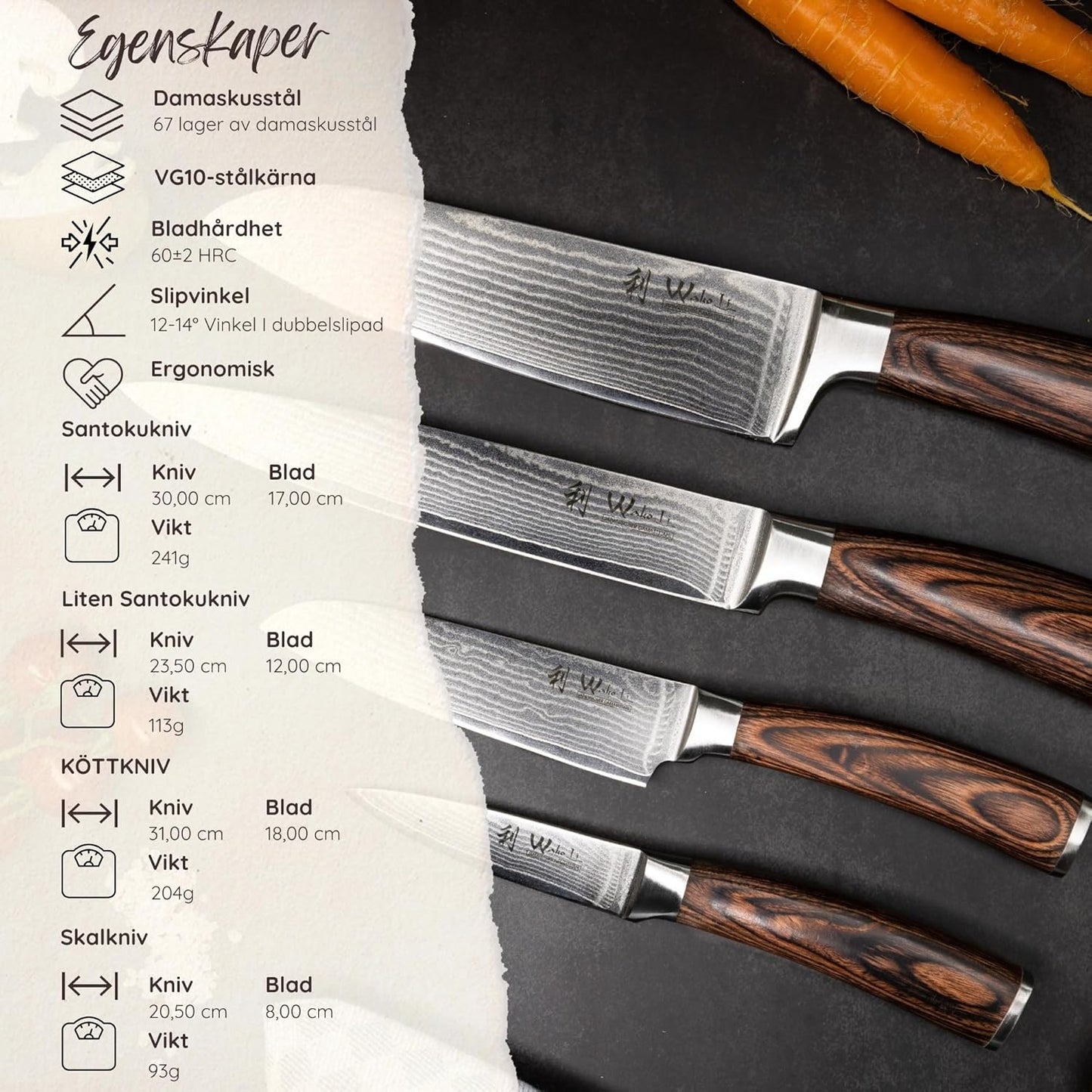 Wakoli Damascus Chef Knife Set with Magnetic Block – 5-Piece Professional Kitchen Knife Block Set, Genuine 67-Layer Damascus Steel Blades with VG10 Core & Ergonomic Sycamore Wood Handles