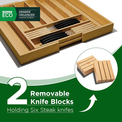 Bamboo Kitchen Drawer Organizer - Bamboo Expandable Drawer Organizer Utensil Holder & Cutlery Tray - Adjustable Wood Drawer Dividers Organizer for Silverware, Flatware, Knives (9 Slot)