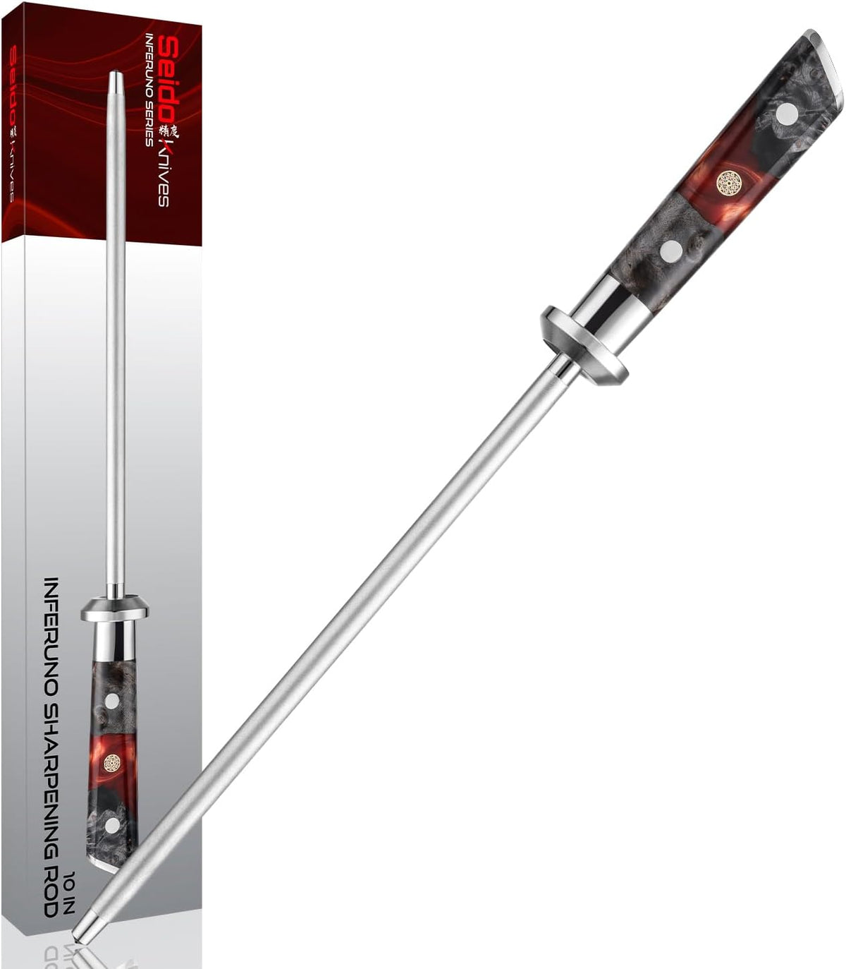 Seido Inferuno 10-Inch Diamond Sharpening Rod, 600 Grit Wood Handle | Powdered diamond coating and resin stabilized wood handle for honing and sharpening kitchen knives
