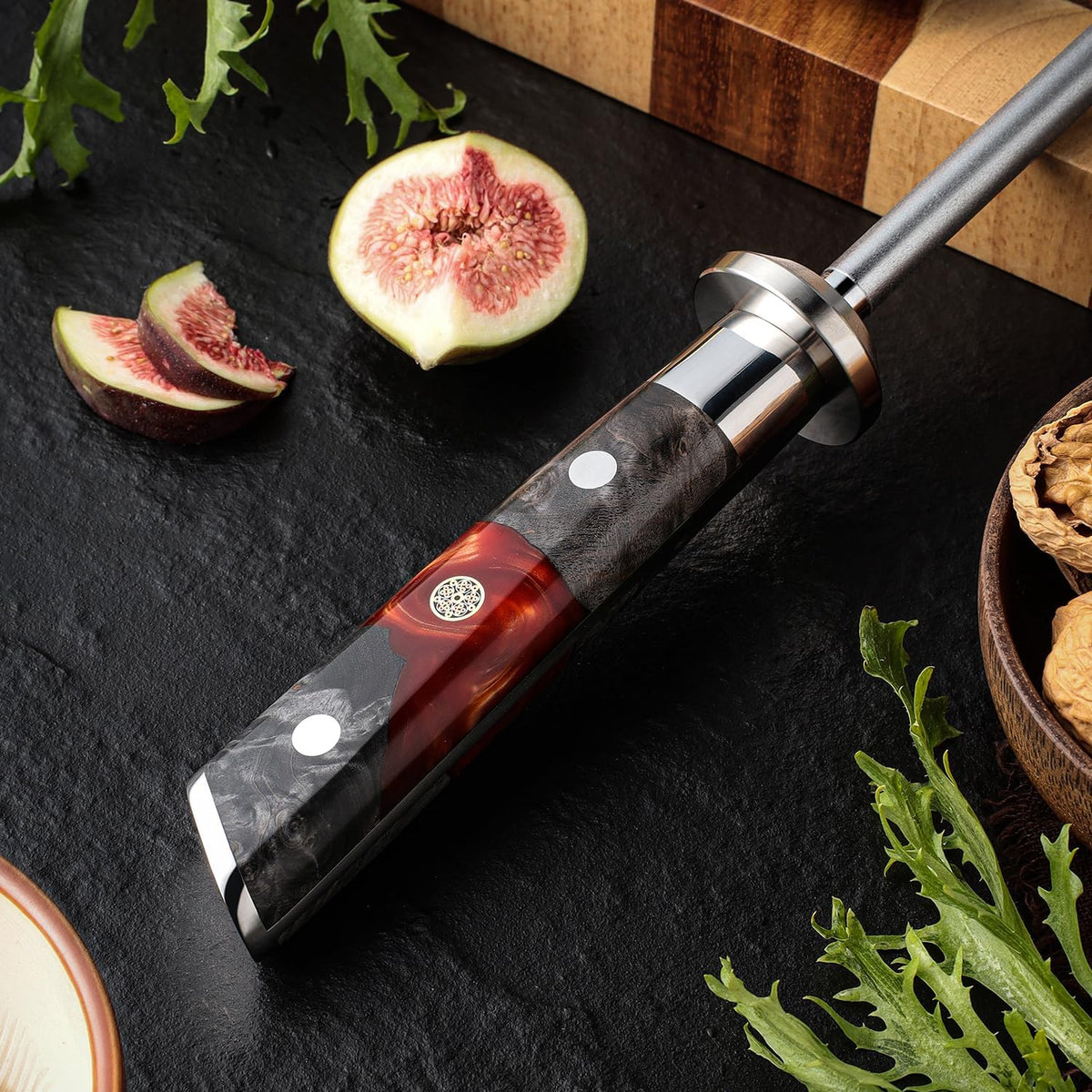 Seido Inferuno 10-Inch Diamond Sharpening Rod, 600 Grit Wood Handle | Powdered diamond coating and resin stabilized wood handle for honing and sharpening kitchen knives