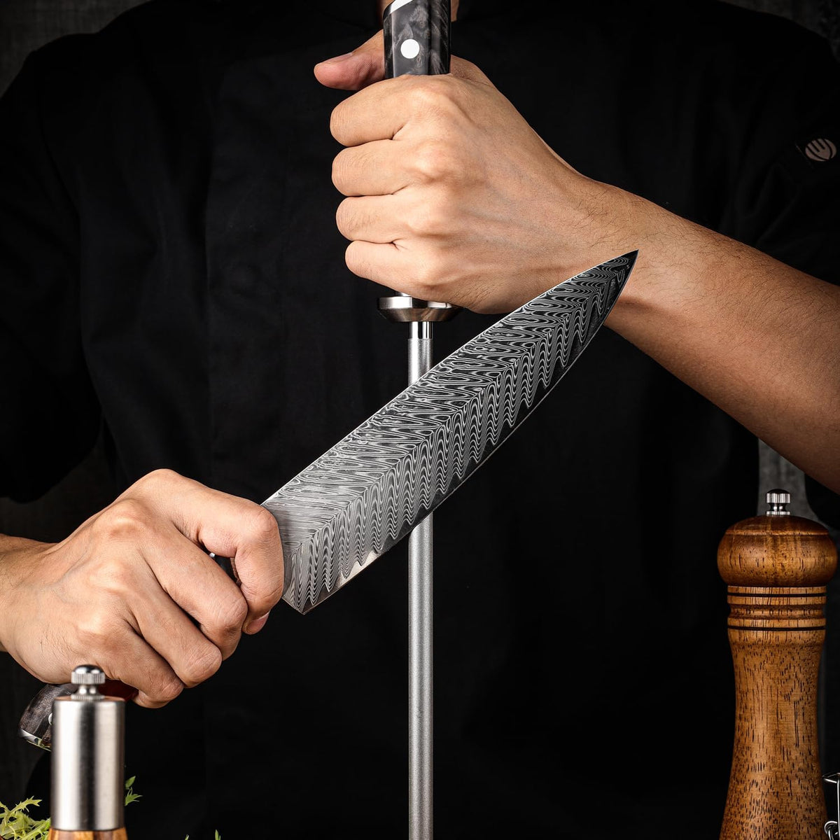 Seido Inferuno 10-Inch Diamond Sharpening Rod, 600 Grit Wood Handle | Powdered diamond coating and resin stabilized wood handle for honing and sharpening kitchen knives