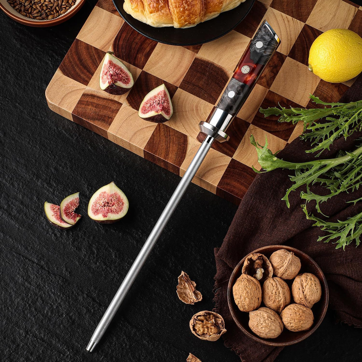 Seido Inferuno 10-Inch Diamond Sharpening Rod, 600 Grit Wood Handle | Powdered diamond coating and resin stabilized wood handle for honing and sharpening kitchen knives