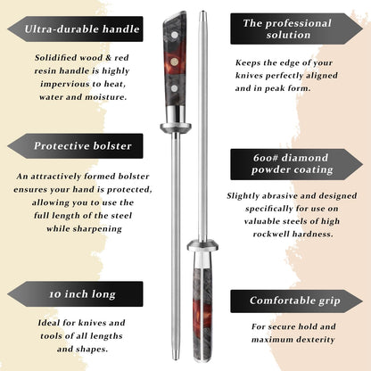 Seido Inferuno 10-Inch Diamond Sharpening Rod, 600 Grit Wood Handle | Powdered diamond coating and resin stabilized wood handle for honing and sharpening kitchen knives