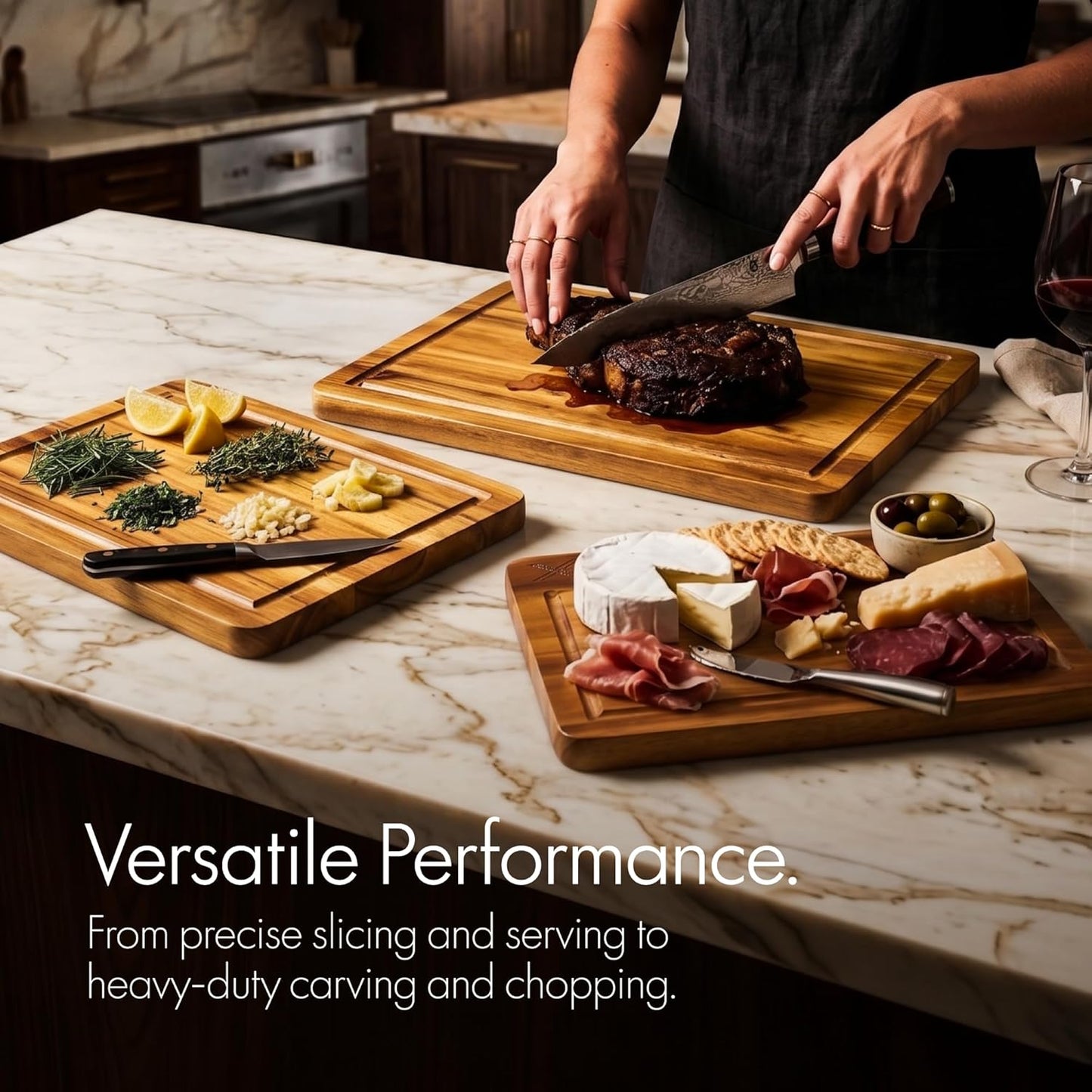 Acacia Wood Cutting Board Set of 3 with Stand - Thick Wooden Chopping Boards with Deep Juice Grooves - Non-Slip & Durable Wooden Boards for Meat & Vegetables (16x12, 14x10, 12x8) - Walnut