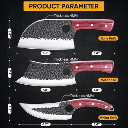 KITNATS 9PCS Butcher Knife Set with Roll Bag, Hand Forged Kitchen Knife Set with Meat Cleaver, Boning Knife & Chef Knife for BBQ, Meat Processing, Camping, Outdoor Cooking, Gift for Men