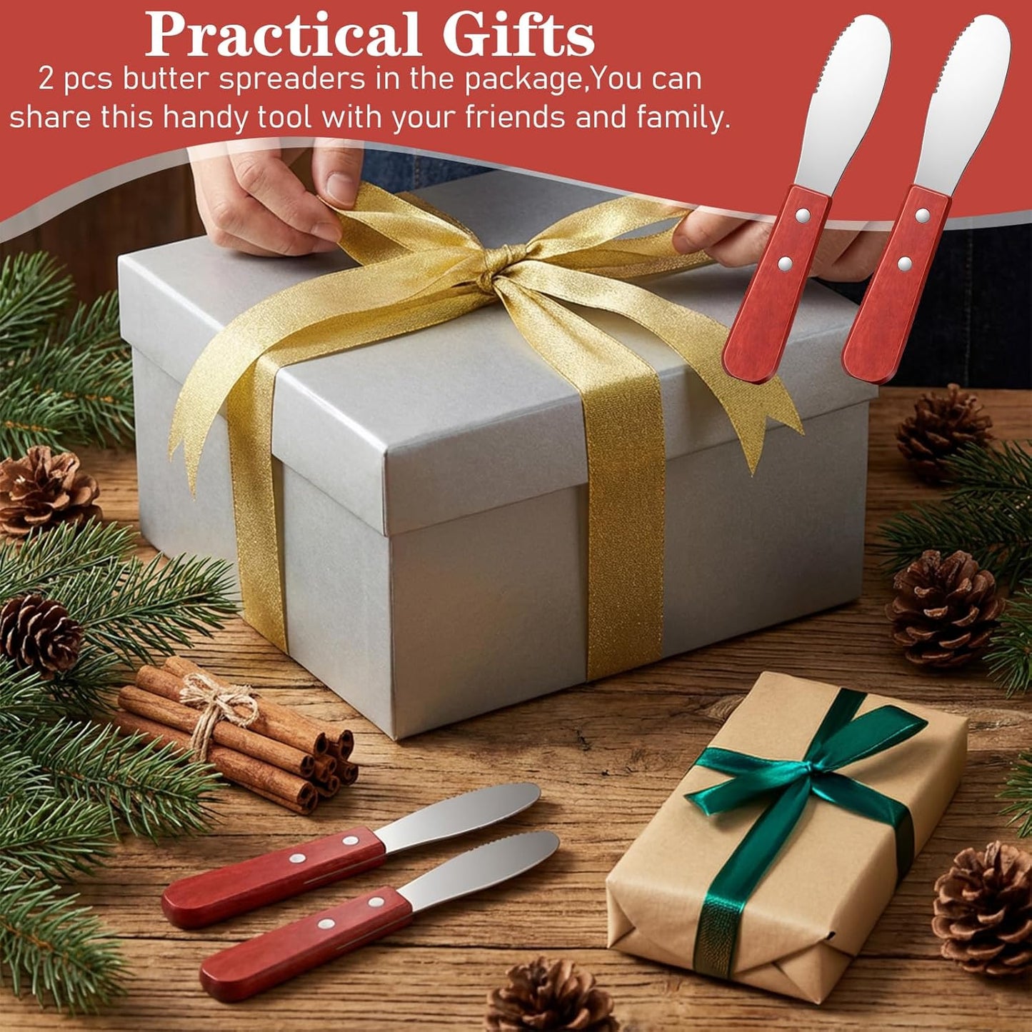 2Pcs Butter Knife Spreader, Stainless Steel Spreader Knife Wide Edge Butter Cheese with Wood Handle, Spreading Knifes Perfect for Butters, Cheese, Sandwich Cream, Condiments Kitchen Cooking Utensil