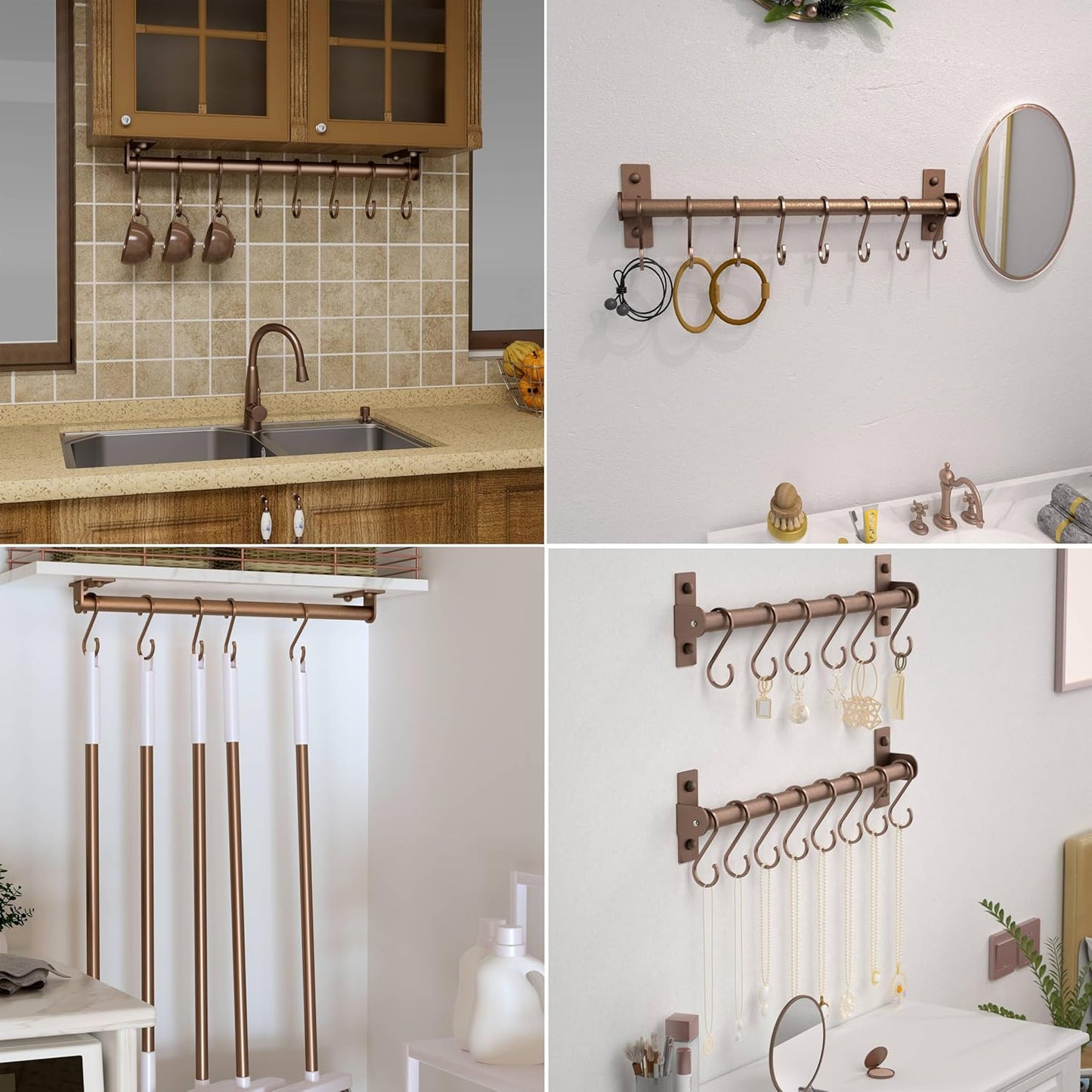 Dseap Kitchen Utensil Holder Hanger, Pot and Pan Rack Wall Mounted, Kitchen Rail with 8 Hooks for Hanging Cooking Utensils, Mugs, Spoons, Wall Mounted, Silver