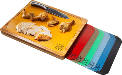Seville Classics Bamboo Premium Wood Cutting Board Serving Tray w/ 7 Color-Coded BPA-Free Mats, for Chopping Bread, Cheese, Fruits, Vegetables, Meats, Charcuterie (PATENTED), Bamboo (NEW MODEL)