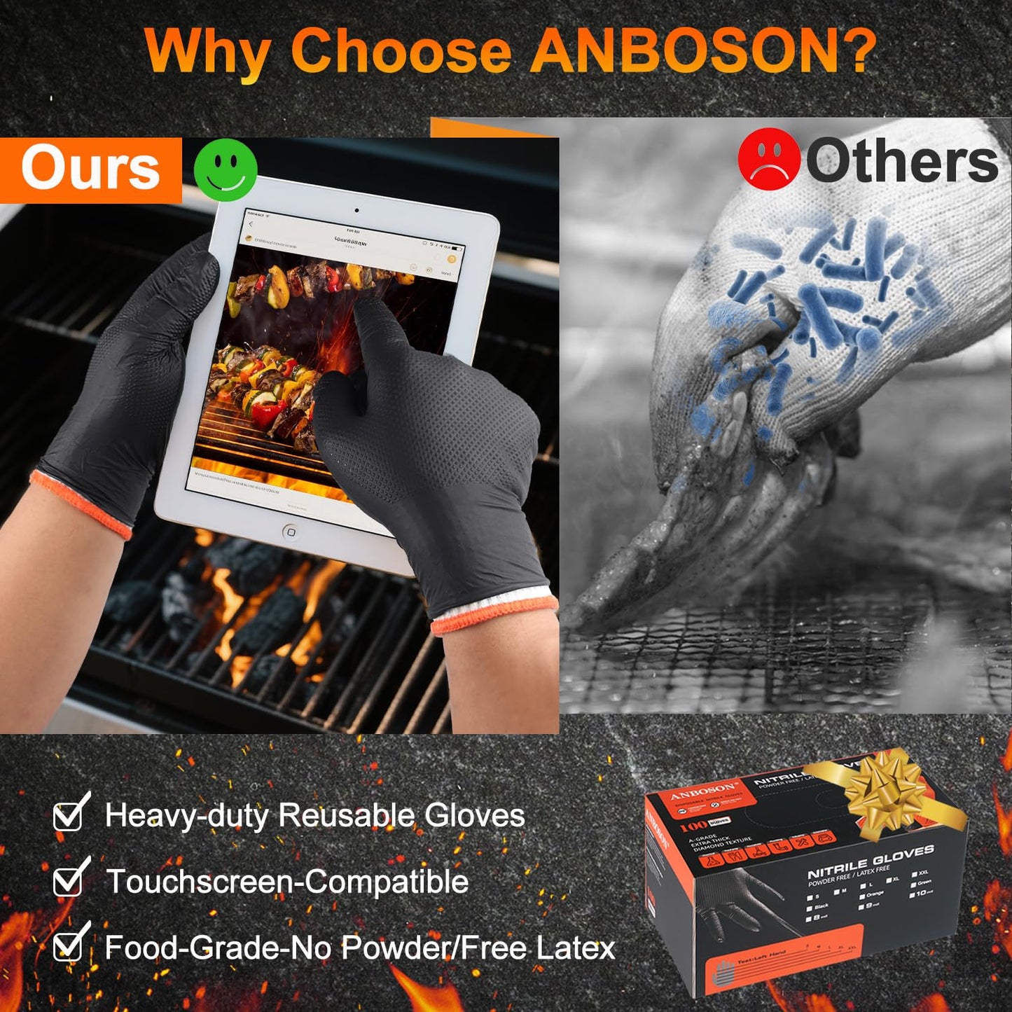 ANBOSON BBQ Gloves Disposable-Heat Resistant Cooking & Grilling Gloves Set (100 Black Nitrile, 4 Cotton Liners)-10Mil Heavy Duty Meat Handling Smoker Accessories for Hot Food Prep,Non-Slip Grip,Large