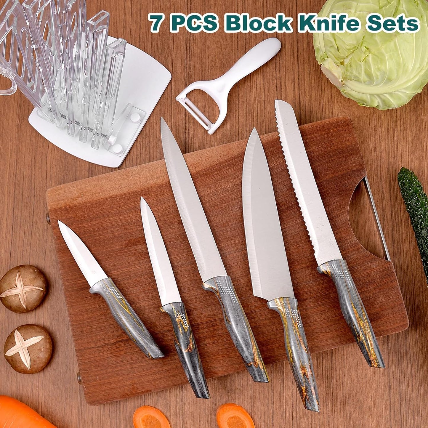 Professional 6-Piece Kitchen Knife Set with Acrylic Block - Knives Set for Kitchen, Universal Knife Block, Utility Knife Block Set, New Home Essentials, Apartment Essentials, Dishwasher Safe