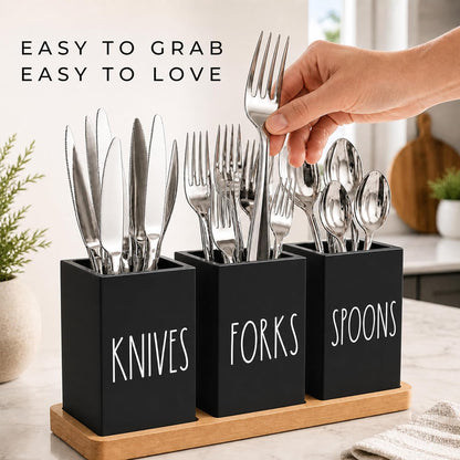 Farmhouse Silverware Holder, Rustic Wood Silverware Caddy with Tray, Spoon Fork Knives Flatware Dispenser, Utensil Countertop Organizer, Plastic Cutlery Holder for Kitchen Party (Black)