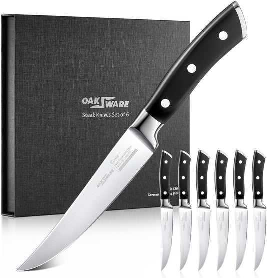 Steak Knives Set of 8, 5 Inch Non Serrated Steak Knife with Walnut Block, Razor-Sharp German Stainless Steel Dinner Knives, Durable Full Tang Forged Straight Edge Meat Knife for Home Dining&Gift