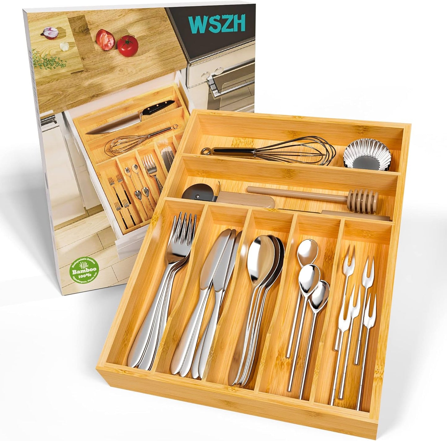 Utensil Organizer Silverware Drawer Organizer - Bamboo Expandable Cutlery Tray with Dividers for Utensil Holder Office Storage Makeup Desk Drawer Tool Organization W13.5"-19.5" x L17.5" x H2.5"(Black) | Expandable