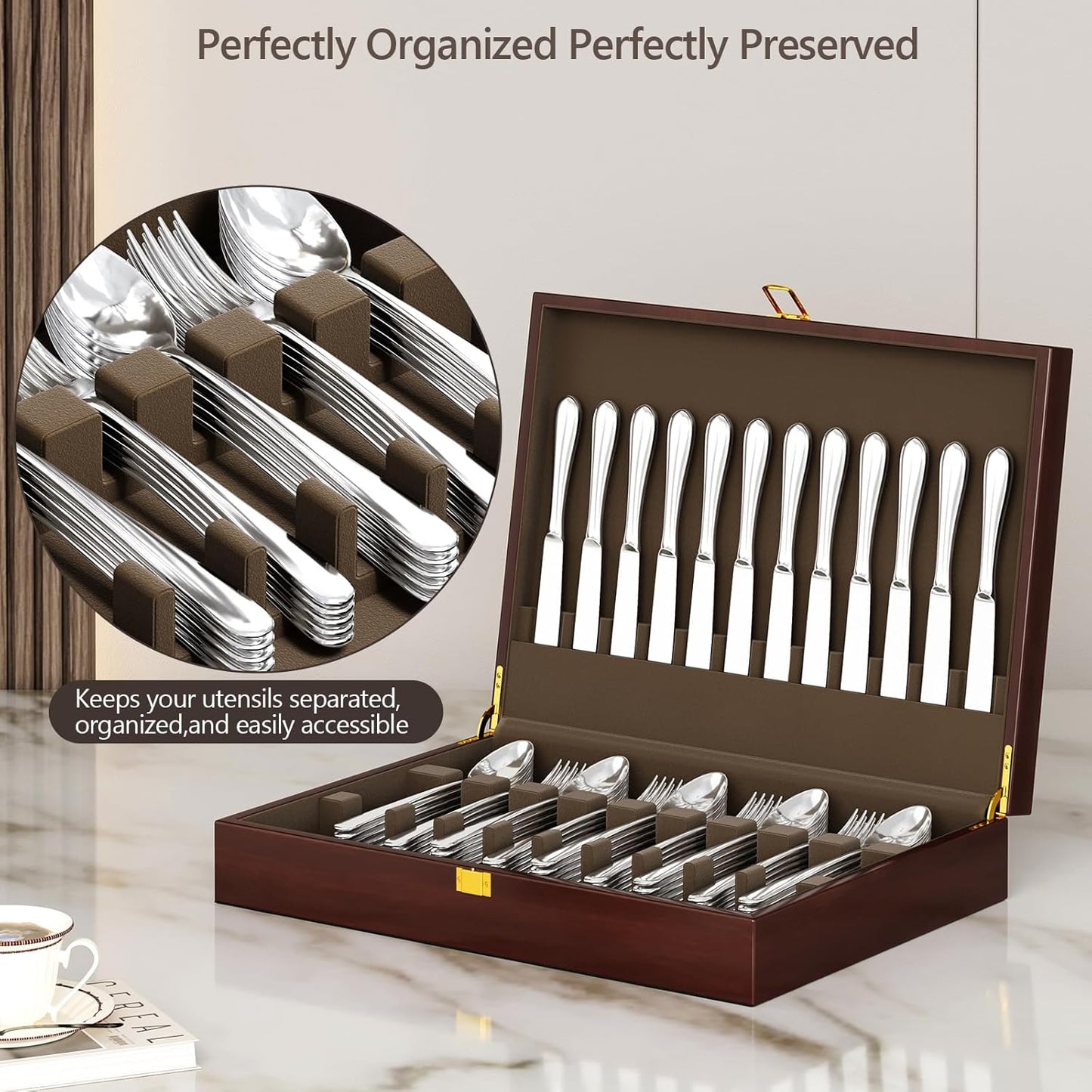 Solid Walnut Silverware Storage Box, 2-Layer Silverware Chest with Drawer, Flatware Case with Lid and Felt Lined, Wood Flatware Storage Box Holds 12-16 Sets of Utensils, Wedding Housewarming Gifts