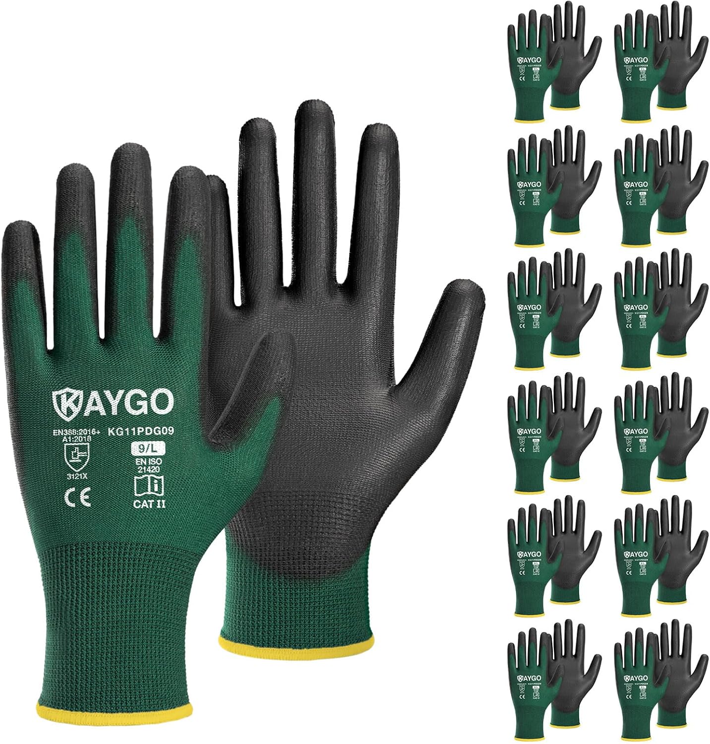 KAYGO Work Gloves for Men and Women,12 Pairs Seamless Knit PU Coated Safety Gloves, with Smooth Grip on Palm and Fingers, Ideal for Light Warehouse, Manufacturing, Gardening, KG11P (M, Black)