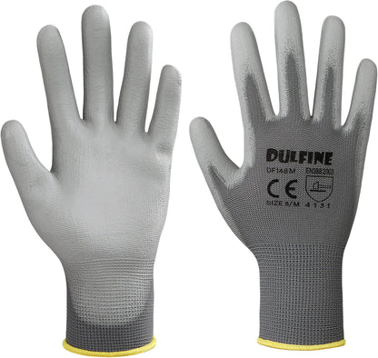 DULFINE Safety Work Gloves PU Coated-12 Pairs,Red Seamless Knit Glove with Polyurethane Coated Smooth Grip on Palm & Fingers, for Men and Women, Ideal for General Duty Work (Large)