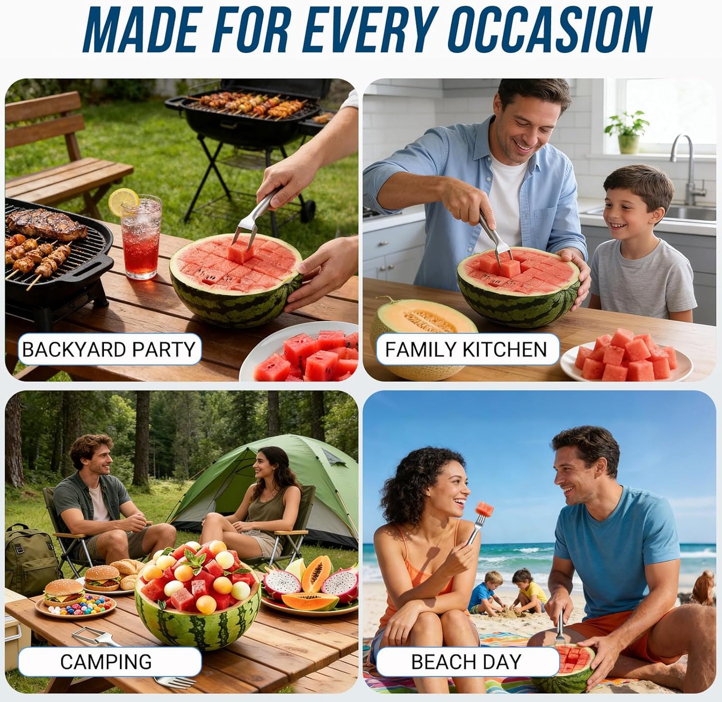 Watermelon Fork Slicer Cutter, 2-in-1 Stainless Steel Watermelon Slicer & Fruit Fork, Summer Kitchen Gadget for BBQ Parties, Camping & RV Adventures