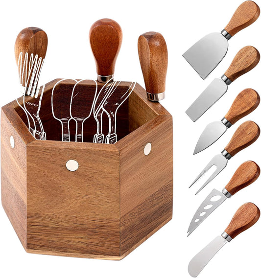 Hushee 6 Pcs Cheese Knives with Holder Charcuterie Serving Knife Set with Magnetic Wooden Box Mini Steel Stainless Cheese Knife Spreader Slicer Fork Set for Charcuterie Board