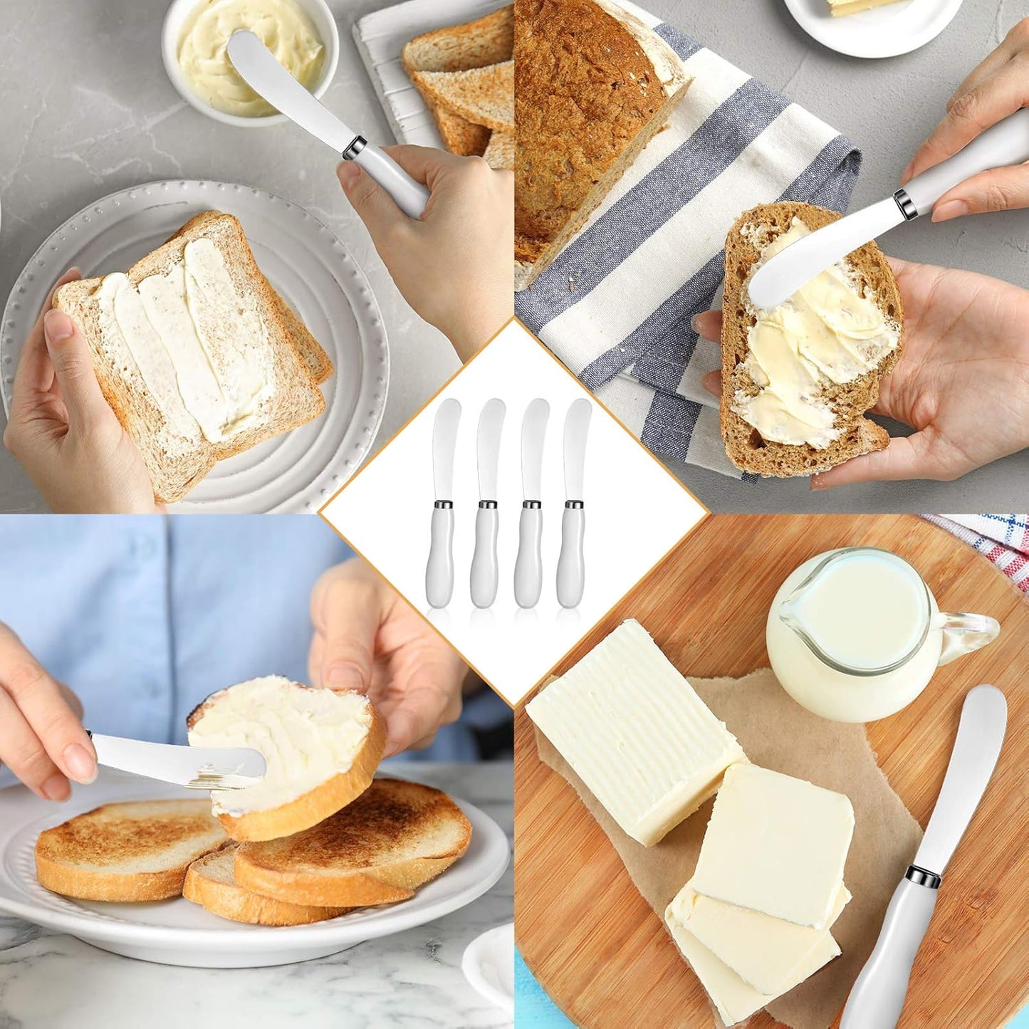 Patelai 8 Pcs Butter Spreader Knives, Stainless Steel Butter Knife with White Porcelain Handles Multipurpose Cheese Spreader for Kitchen Use for Soft Cheese, Jam, Charcuterie, Pastry, 5.74 Inch