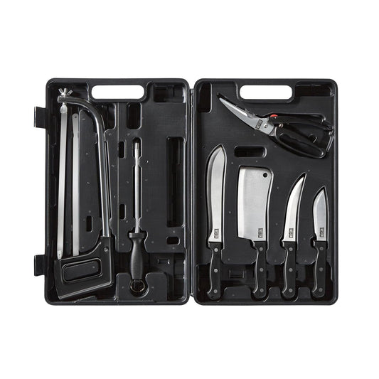 Weston 10-Piece Game Processing Knife Kit, 8" Butcher, 6" Cleaver, 5.3" Fillet, and 4.2" Skinning Knives, Adjustable 12.25" Butcher Saw, Sharpener, Shears & Storage Case, Stainless Steel (83-7001-W)
