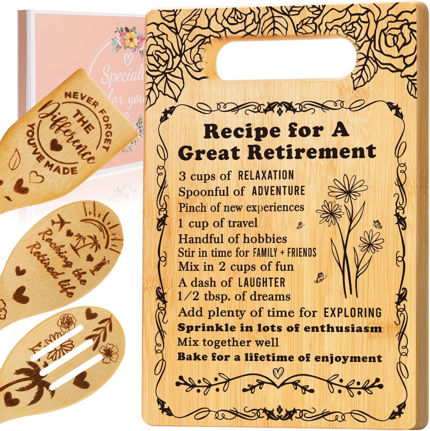 2026 Retirement Gifts for Woman,Cutting Board Set Retrement Gift for Women Nurse Teacher Coworker Leaving Going Away Farewell Gift for Retired Colleague Leader Friend, Recipe for a Great Retirement