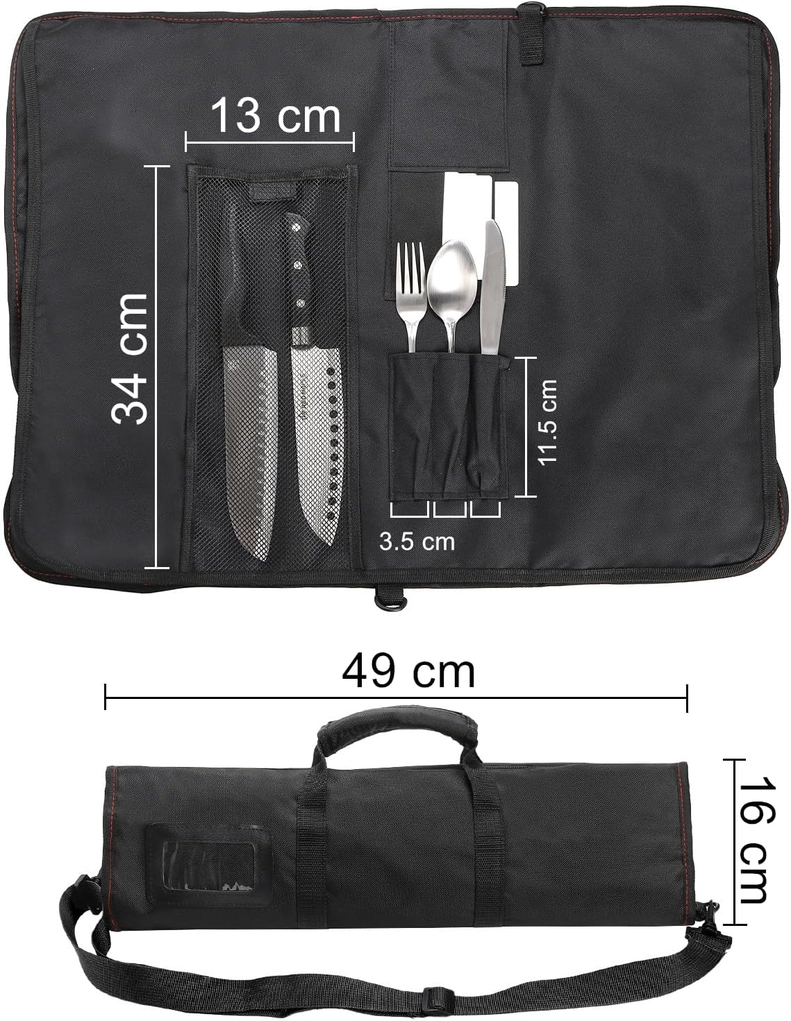Tosnail Chef Knife Case Roll Bag with 21 Slots & 1 Large Zipper Pocket, Easy Carry Handle and Shoulder Strap - Black