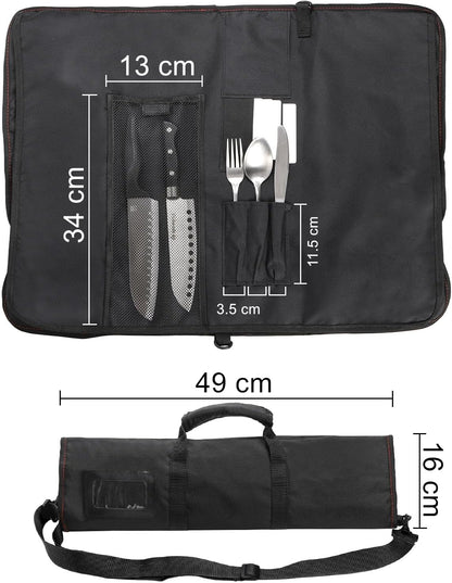 Tosnail Chef Knife Case Roll Bag with 21 Slots & 1 Large Zipper Pocket, Easy Carry Handle and Shoulder Strap - Black