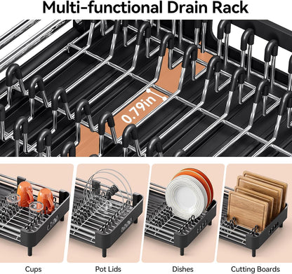 Urackify Stainless Steel Dish Drying Rack - Dish Drainer for Kitchen Counter, Extendable Drainboard with Foldable, Space-Saving Cup & Bowl Organizer, Includes Knife and Utensil Holder, Matte-Green