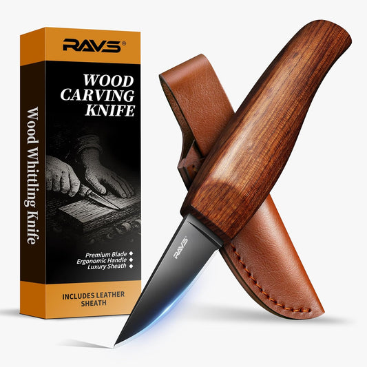 RAVS Whittling Knife with Leather Sheath, High Carbon Steel Blade Wood Carving Knife with Titanium Coating, Sloyd Knife with Ergonomic Rosewood Handle, Wood Carving Tools for Beginners to Experts