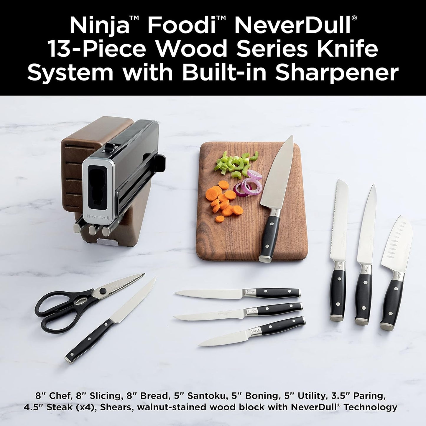 Ninja K32012 Foodi NeverDull Premium Knife System, 12 Piece Knife Block Set with Built-in Sharpener, German Stainless Steel Knives, Black