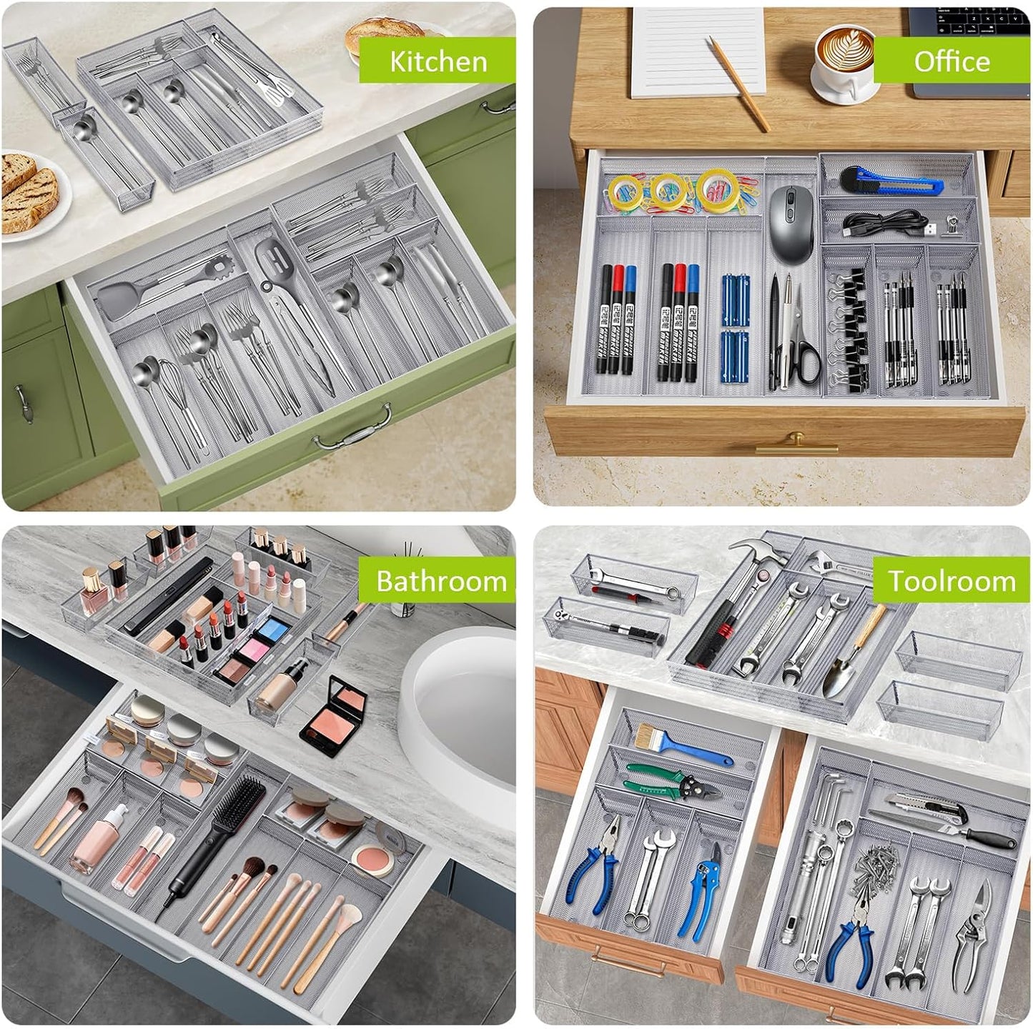 Neudeco Silverware Organizer,Mesh Drawer Organizer for Kitchen，Metal Utensil Organizer for Flatware, Knives, Spoons,Cosmetic (Silver 9 * 3 * 2 inch Pack6)