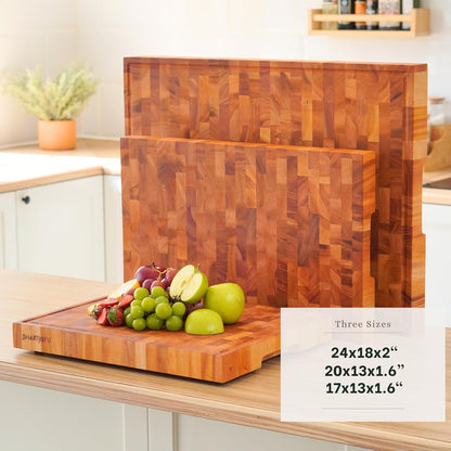 SHUMARU Mahogany End Grain Cutting Board, 17×13×1.6 in – Handmade Butcher Block, Knife-Friendly, Juice Groove, Non-Slip Feet