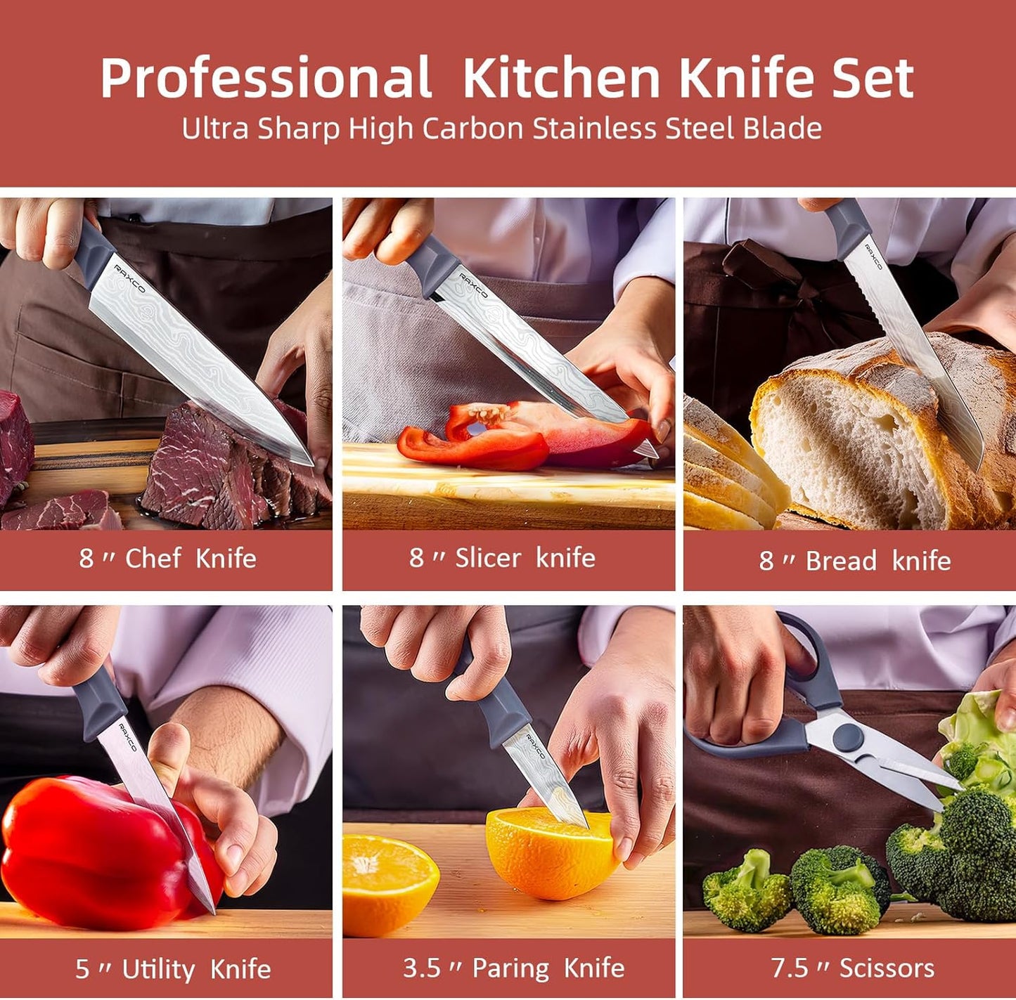 RAXCO Knife Set with Block,10-Piece Kitchen Knives Stainless Steel,Pro-sharpened for Cooking,Slicing,Mincing,Dicing,Black