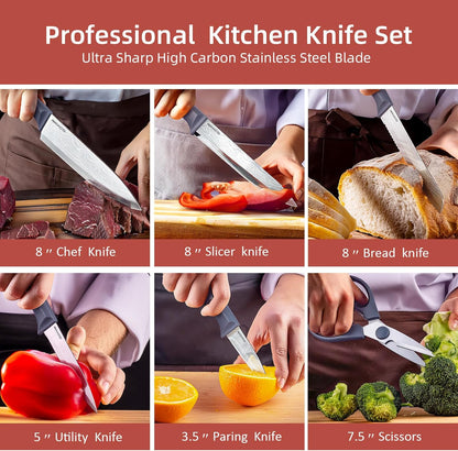 RAXCO Knife Set with Block,10-Piece Kitchen Knives Stainless Steel,Pro-sharpened for Cooking,Slicing,Mincing,Dicing,Black