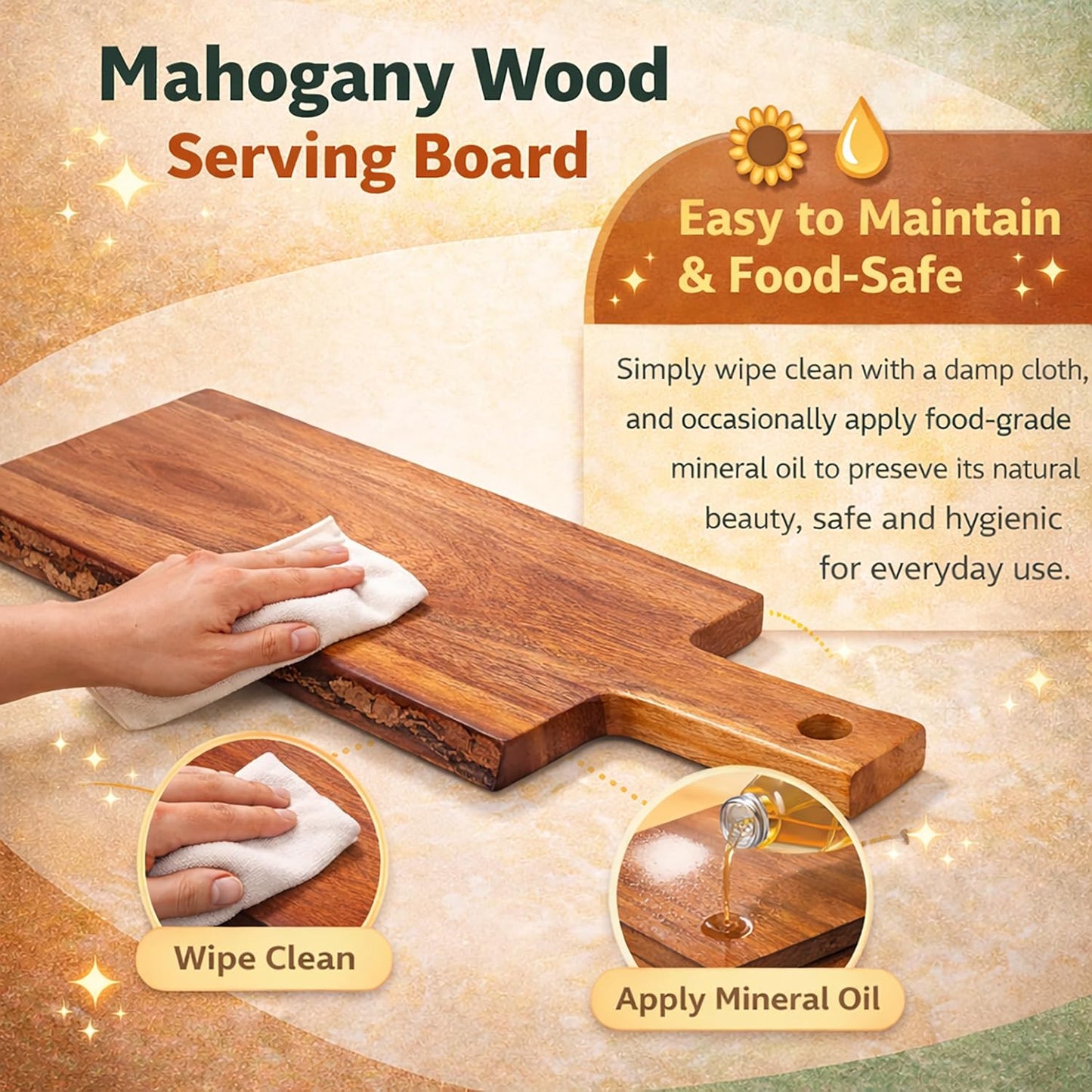 Creative Home Mahogany Wood Charcuterie Board with Live Edge, Handmade Rustic Cheese Serving Tray, Solid Hardwood Bread & Appetizer Board, 14 x 5 Inch