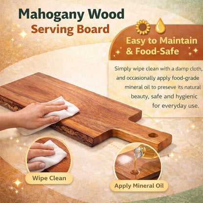 Creative Home Mahogany Wood Charcuterie Board with Live Edge, Handmade Rustic Cheese Serving Tray, Solid Hardwood Bread & Appetizer Board, 14 x 5 Inch