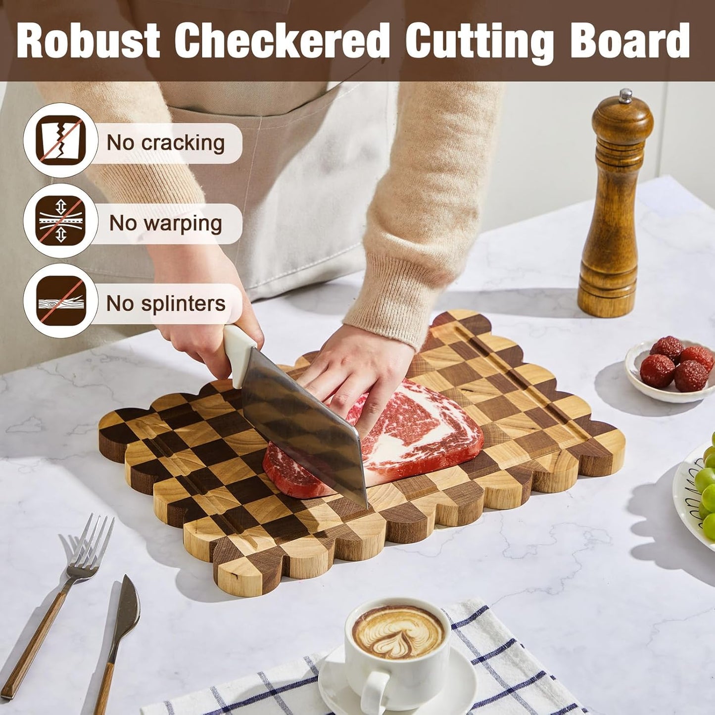 Nuanchu 3 Pcs Checkered Scalloped Cutting Board for Kitchen, Wood Chopping Board with Juice Grooves, Decorative Cutting Boards for Serving, Butcher Block for Meat and Bread (9x5.9,12x7.9,15x10 Inch)