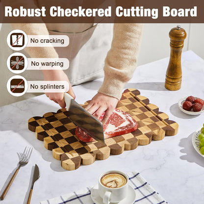 Nuanchu 3 Pcs Checkered Scalloped Cutting Board for Kitchen, Wood Chopping Board with Juice Grooves, Decorative Cutting Boards for Serving, Butcher Block for Meat and Bread (9x5.9,12x7.9,15x10 Inch)