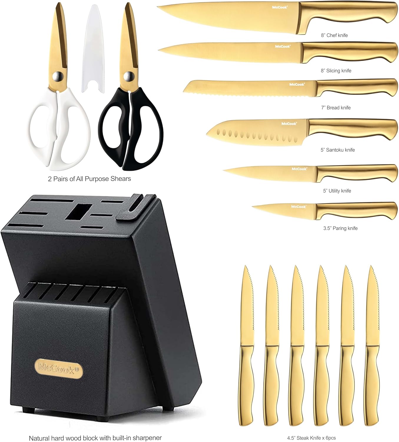 McCook® Knife Sets,German Stainless Steel Knife Block Sets with Built-in Sharpener