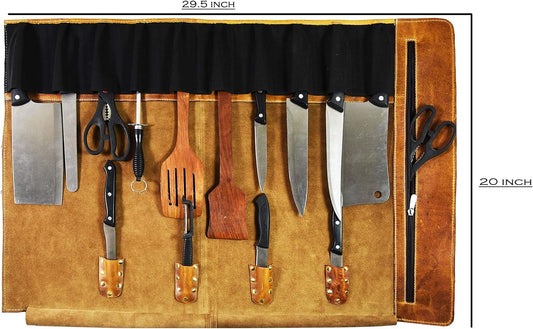 Leather Knife Roll Storage Bag, Elastic and Expandable 10 Pockets, Adjustable/Detachable Shoulder Strap, Travel-Friendly Chef Knife Case (Dark Brown, Leather)