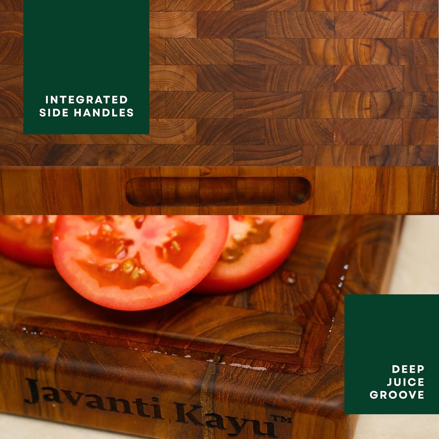 Teak End Grain Cutting Board for Kitchen – Large 18×12" Handmade Wood Butcher Block with Juice Groove & Handles – Knife-Friendly, Reversible, Non-Toxic Wooden Chopping Board, Indonesia