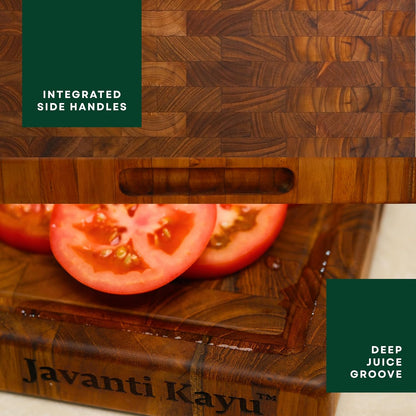 Teak End Grain Cutting Board for Kitchen – Large 18×12" Handmade Wood Butcher Block with Juice Groove & Handles – Knife-Friendly, Reversible, Non-Toxic Wooden Chopping Board, Indonesia