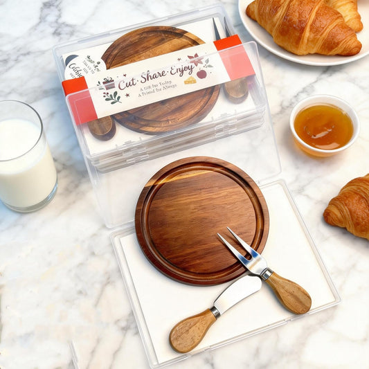 Upgraded storage-ready Small Cheese Board Set & Dessert Plate with Knife & Fork, 1-Pack 6-Inch Personal Charcuterie Tray, Bamboo, Gift-ready for Wedding, Bridal & Baby Shower Party