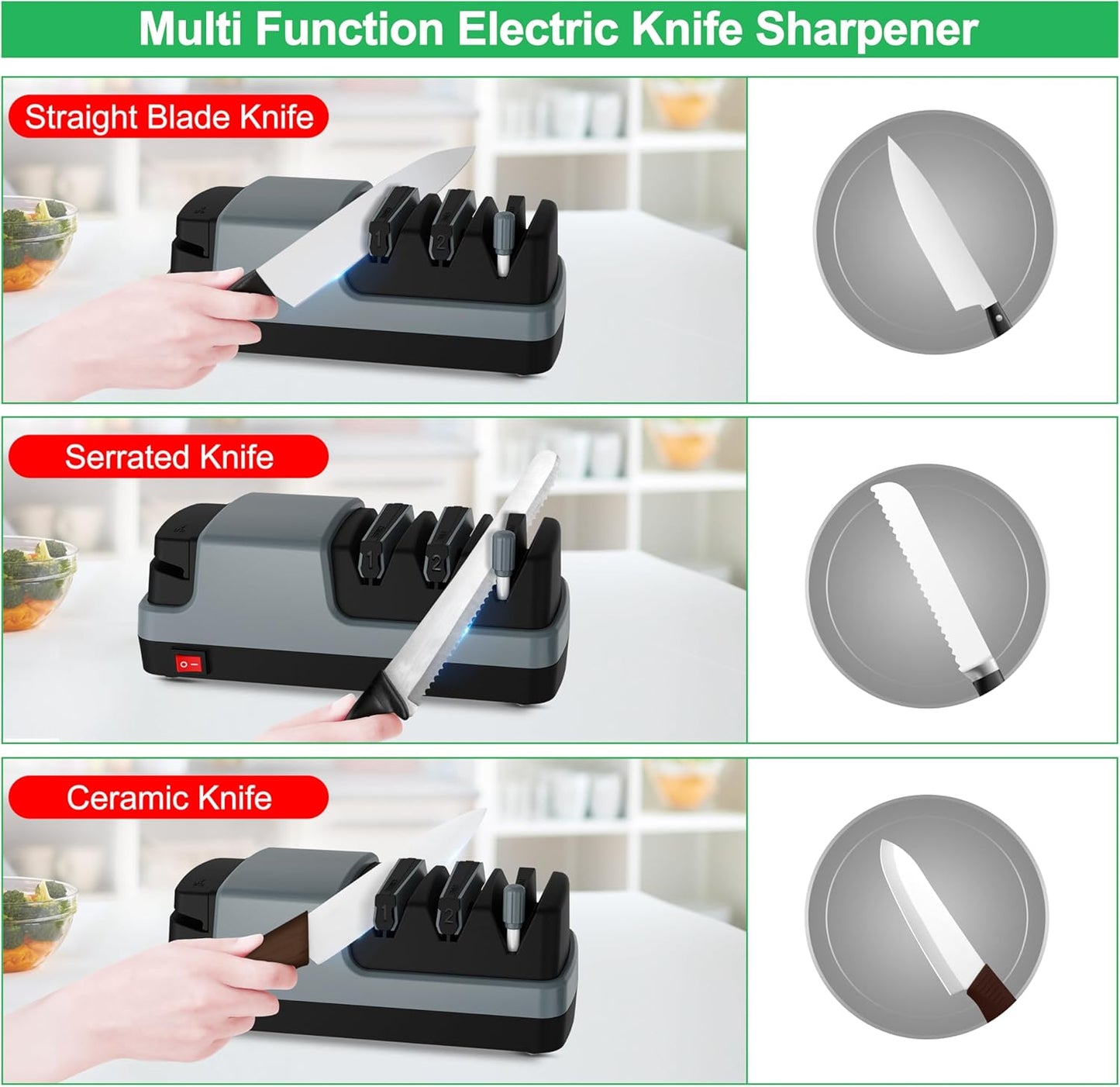 Electric Knife Sharpener- 4 in 1 Electric Knife Sharpeners for Kitchen Knives, Straight Blade Knives & Serrated Knives & Ceramic Knives & Scissors
