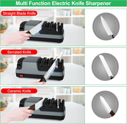 Electric Knife Sharpener- 4 in 1 Electric Knife Sharpeners for Kitchen Knives, Straight Blade Knives & Serrated Knives & Ceramic Knives & Scissors