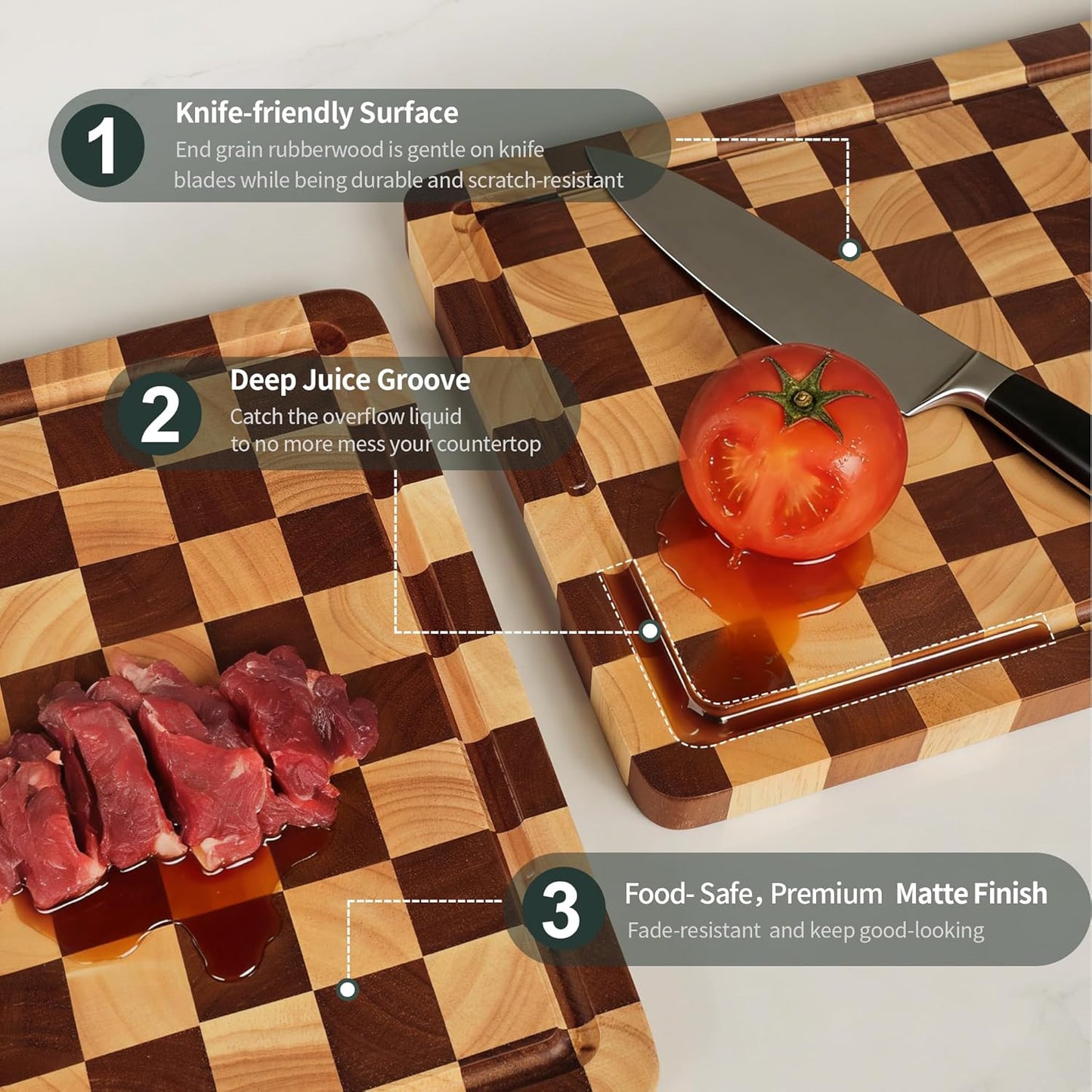 WILLKOMMEN Checkered Cutting Board for Kitchen– Wood Checkerboard End Grain Chopping Board 1" Thick Butcher Block with Juice Groove & Handle, Reversible for Cooking and Serving (Rectangular)