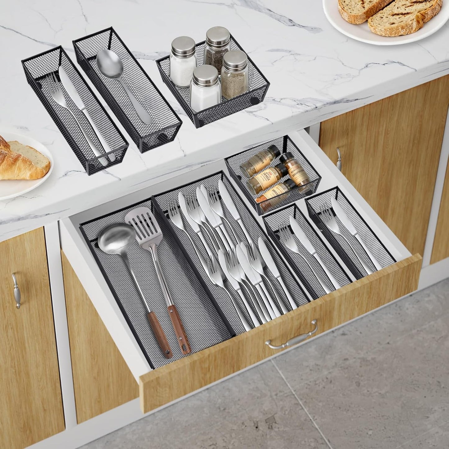 Neudeco Silverware Organizer,Mesh Drawer Organizer for Kitchen，Metal Utensil Organizer for Flatware, Knives, Spoons,Cosmetic (Silver 9 * 3 * 2 inch Pack6)