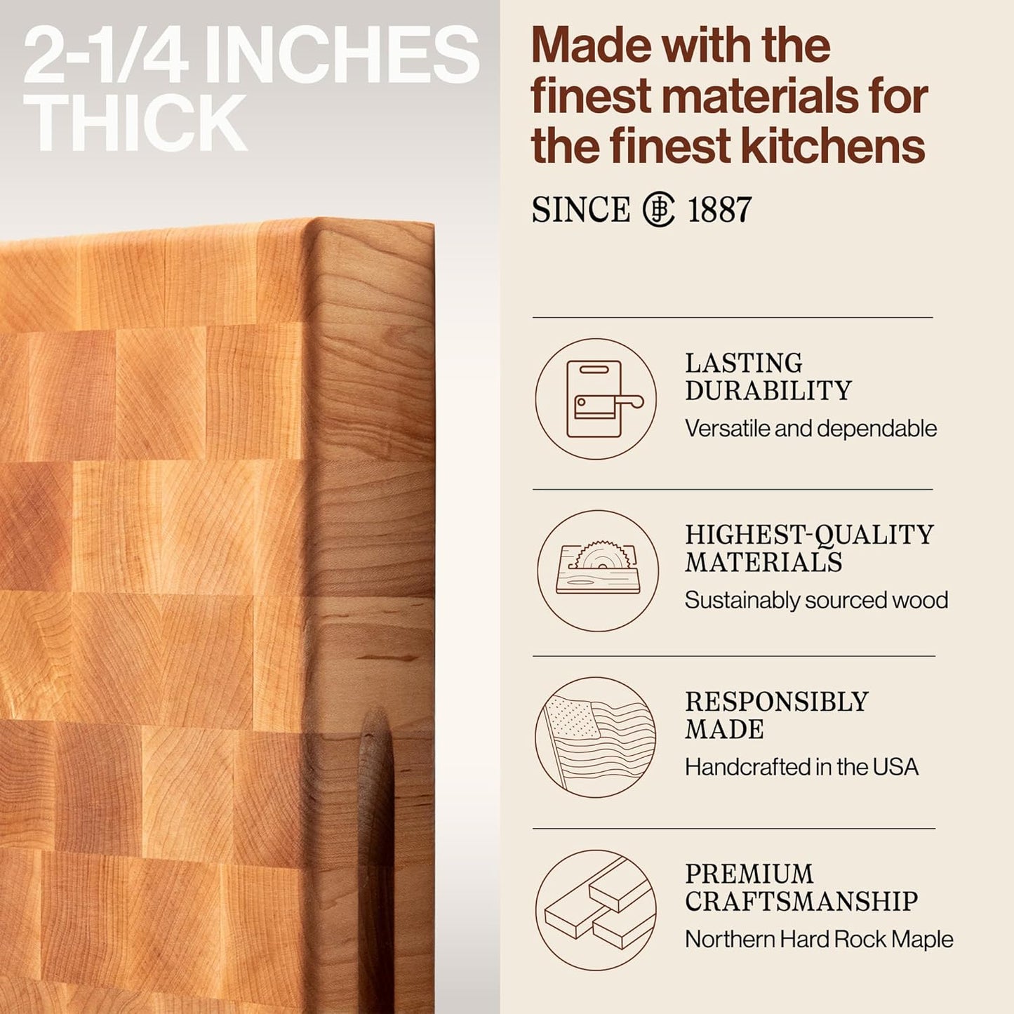 John Boos CCB Series Rectangular Wooden Maple Cutting Board 20”x15” – 2.25” Thick, 21-lb Reversible Butcher Block with End-Grain & Finger Grips – Made in the USA