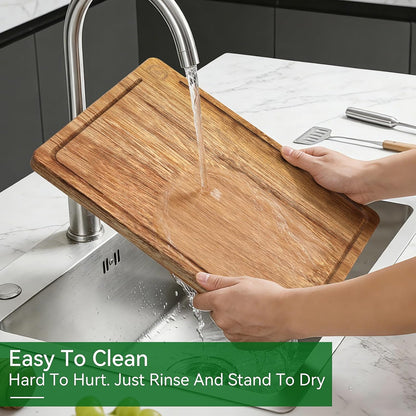 Acacia Wood Cutting Board Set of 3 – Non-Toxic & Pre-Oiled Cutting Boards for Kitchen, Chopping Boards with Holder, Juice Groove, Reversible Serving Board, Labeled Icons for Meat Cheese Vegetables